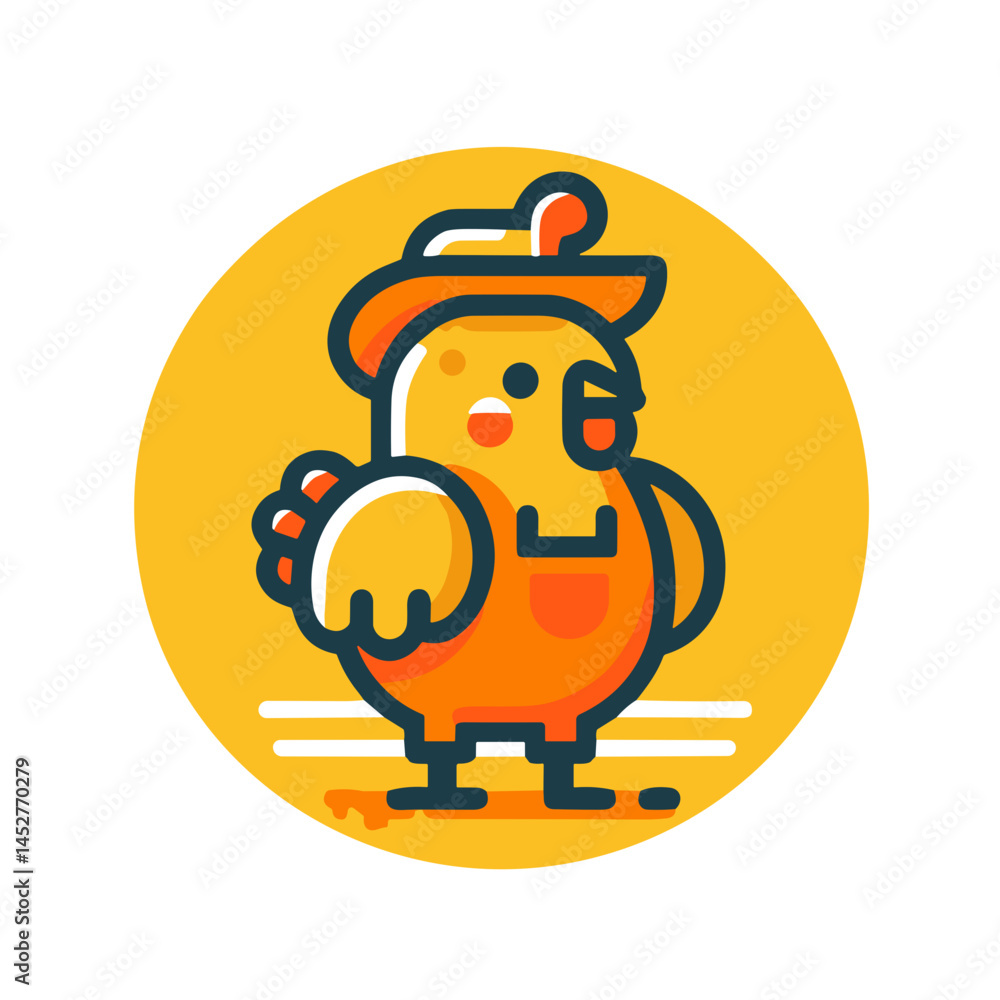 Fototapeta premium Vector icon. Cartoon chicken wearing a hat and apron against a yellow background in a minimalistic flat design. Part of a farming icon set.
