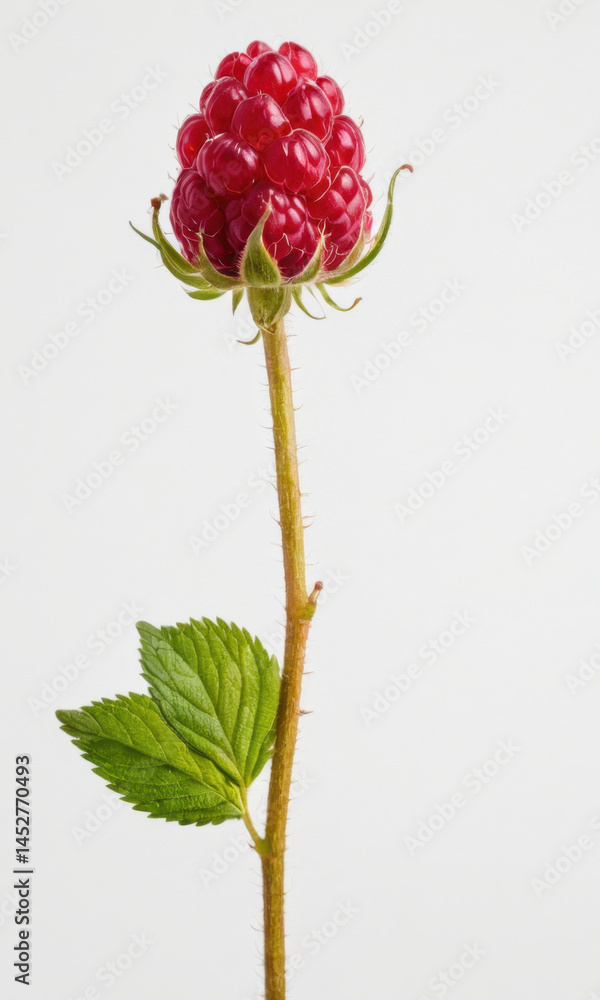 A single fresh raspberry on a stem against a white background