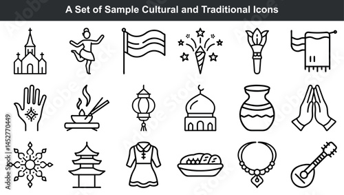 Simple outlined cultural and traditional icon set