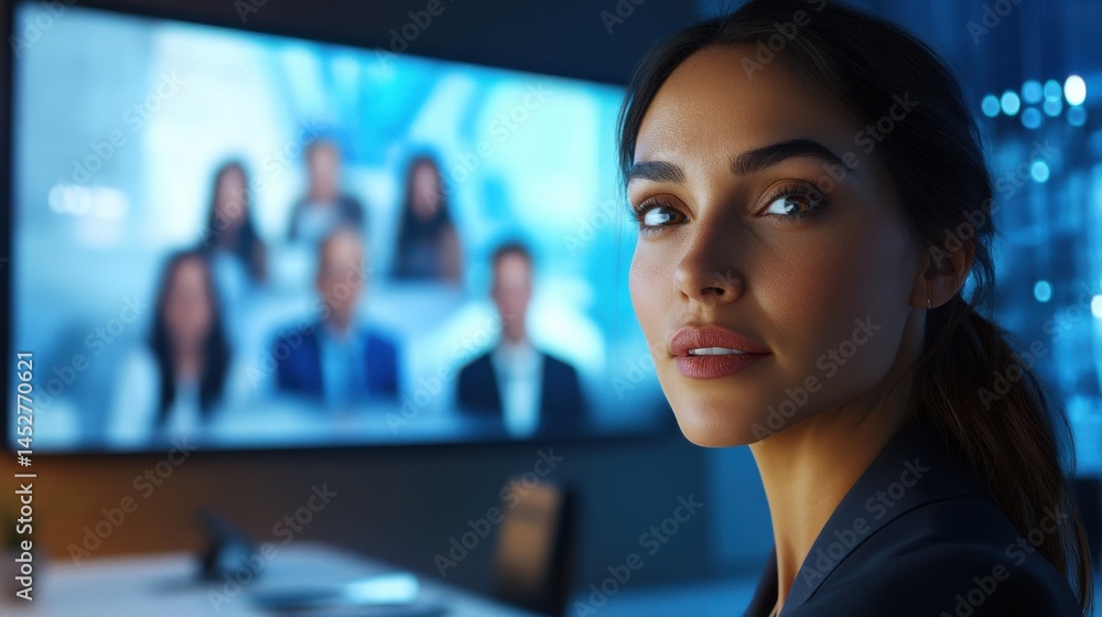 Fototapeta premium A confident woman engages in a virtual meeting, presenting to a diverse group on-screen behind her, demonstrating leadership and communication skills in a modern workspace.