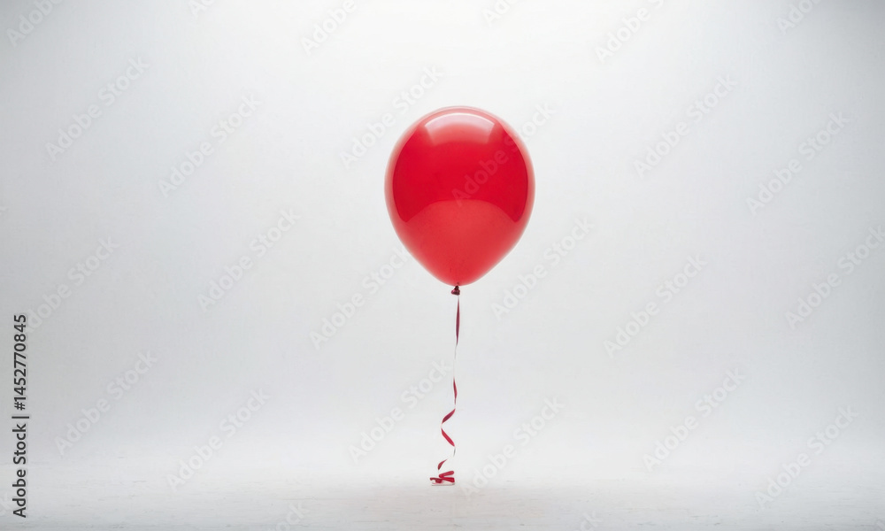 A bright red balloon tied to a thin red string, floating in the air