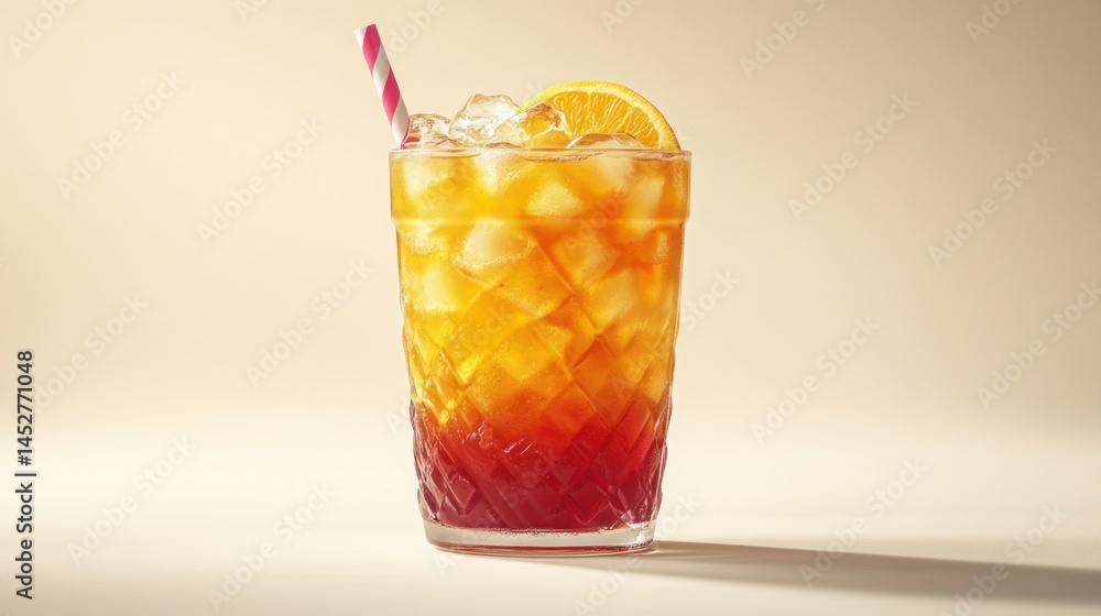 Iced layered cocktail with orange slice and striped straw Iced layered cocktail with orange slice and striped straw