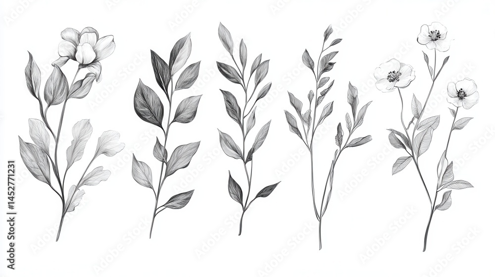 Naklejka premium Minimal botanical wedding frame elements on white background. Set of wreath, flowers, leaf branches in hand drawn pattern. Foliage line art design for wedding, card, invitation, greeting, logo. illus