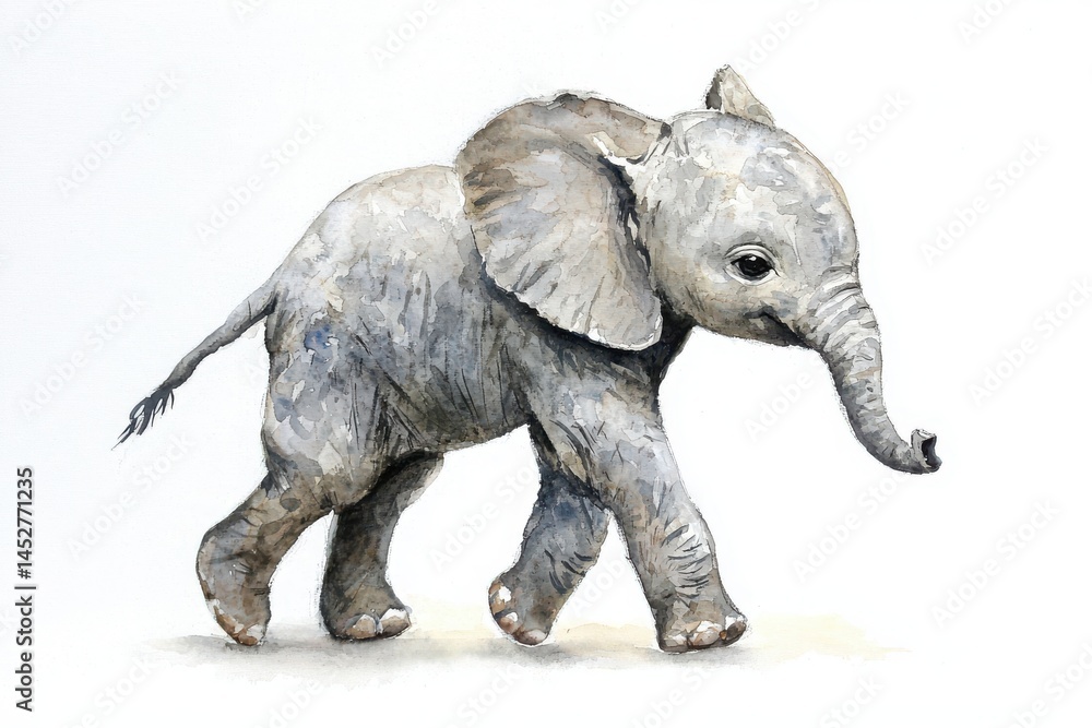 Fototapeta premium Cute Baby Elephant Walking on White Background Watercolor Art