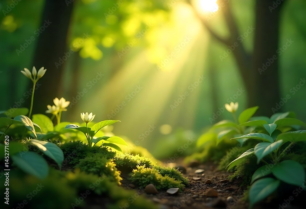 Obraz premium Generative AI: Sunlit woodland floor with moss and small white flowers