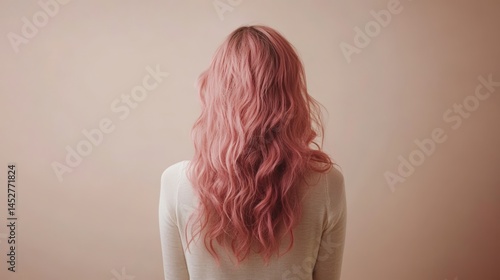 Caucasian young female with long wavy pink hair against neutral background