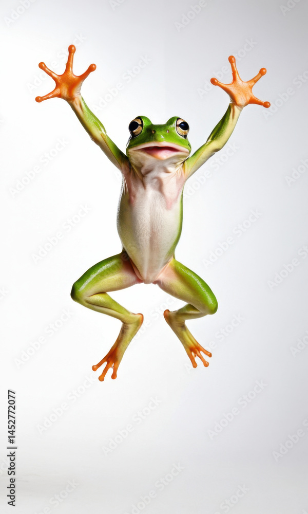 A green frog jumps high into the air with its front legs raised, showcasing its natural agility and power