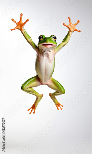 Obraz na płótnie A green frog jumps high into the air with its front legs raised, showcasing its natural agility and power w salonie