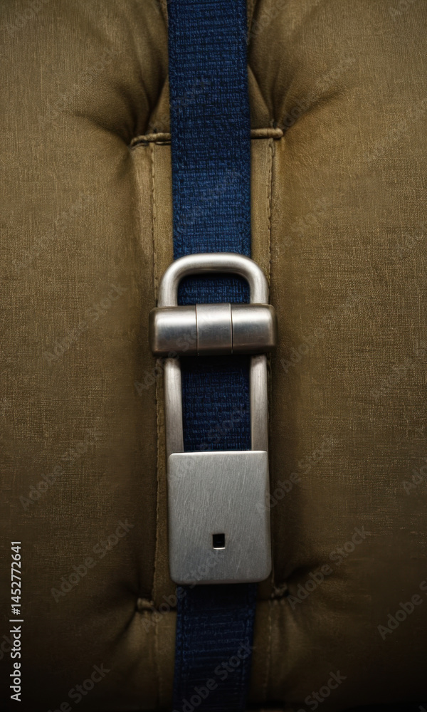 A close-up view of a metal buckle attached to a seat