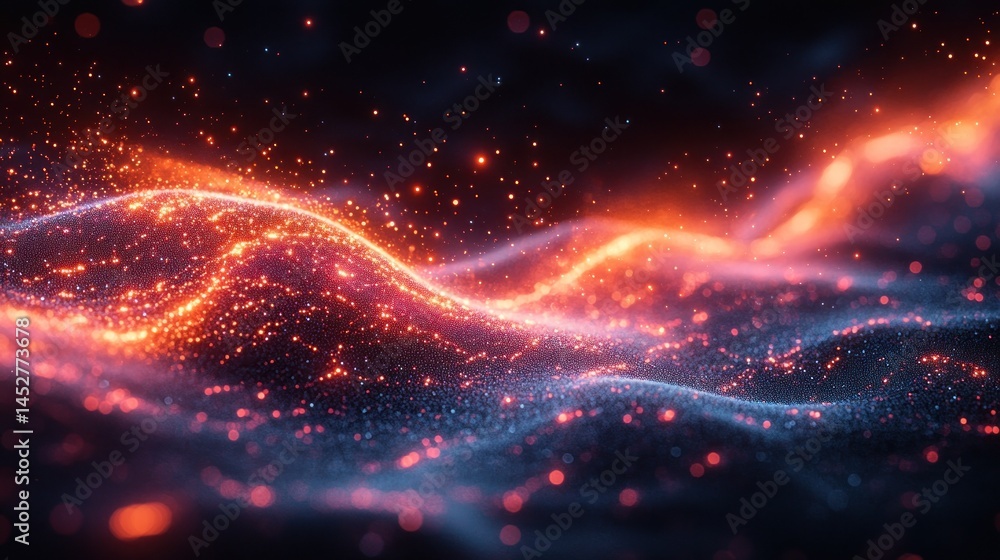 Fototapeta premium Abstract glowing particles wave, dark background, energy concept