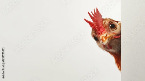 Funny real chicken peeks out from around the corner Isolated on white background