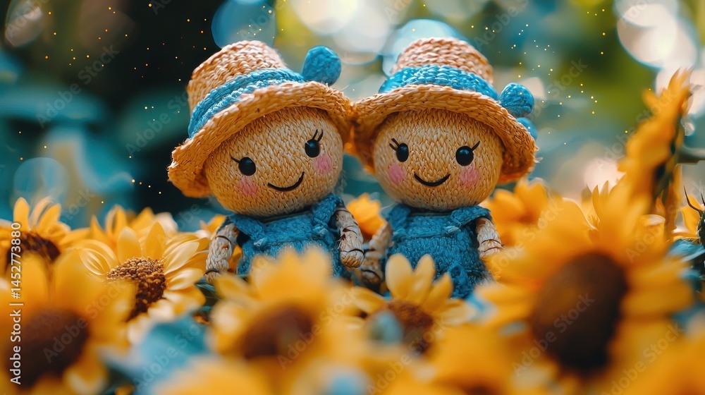 Fototapeta premium Handmade doll figures in sunflower field