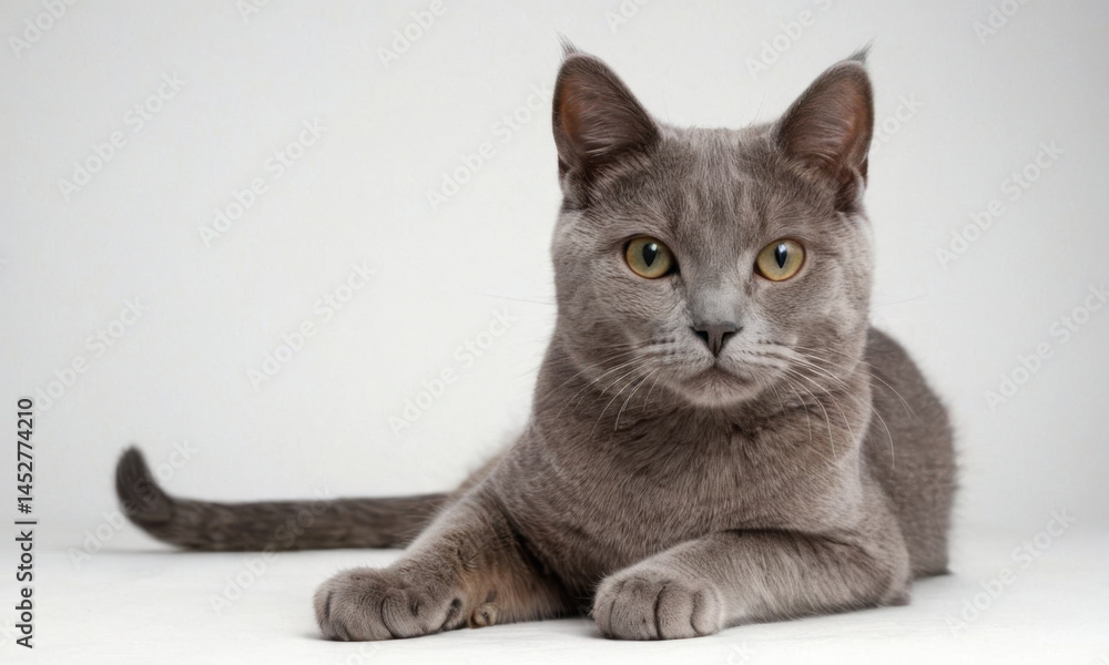 A gray cat is lying down on a white surface, appearing calm and relaxed