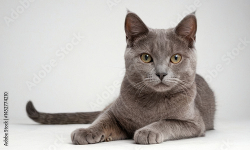 Obraz na płótnie A gray cat is lying down on a white surface, appearing calm and relaxed w salonie