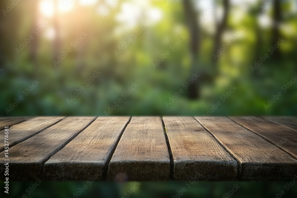 Empty wooden table top with blurred garden background for product display presentation or montage Empty wooden table top with blurred garden background for product display presentation or montage