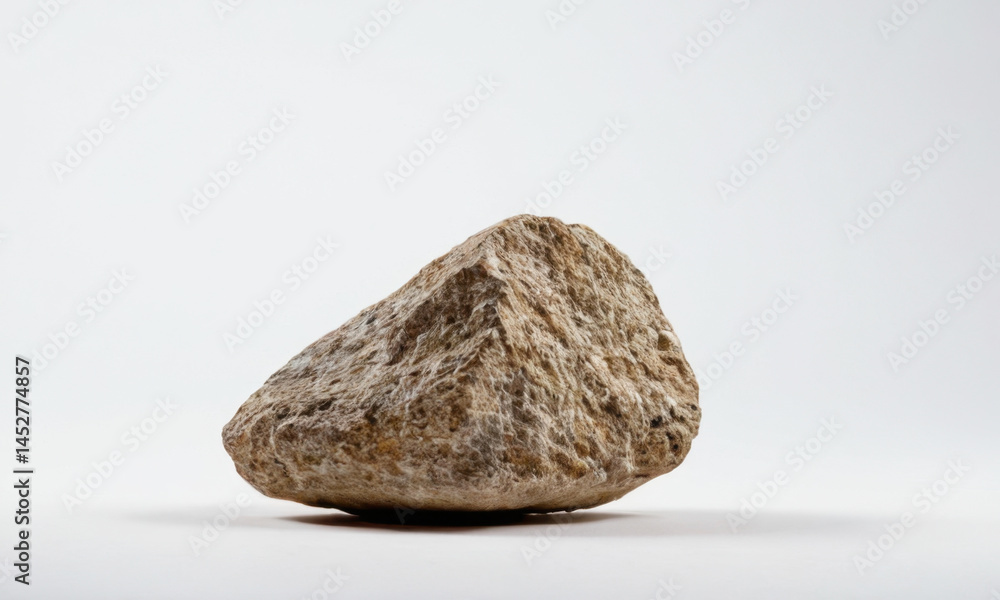 A large rock sits atop a white surface, ideal for use in backgrounds, texture, or creative compositions