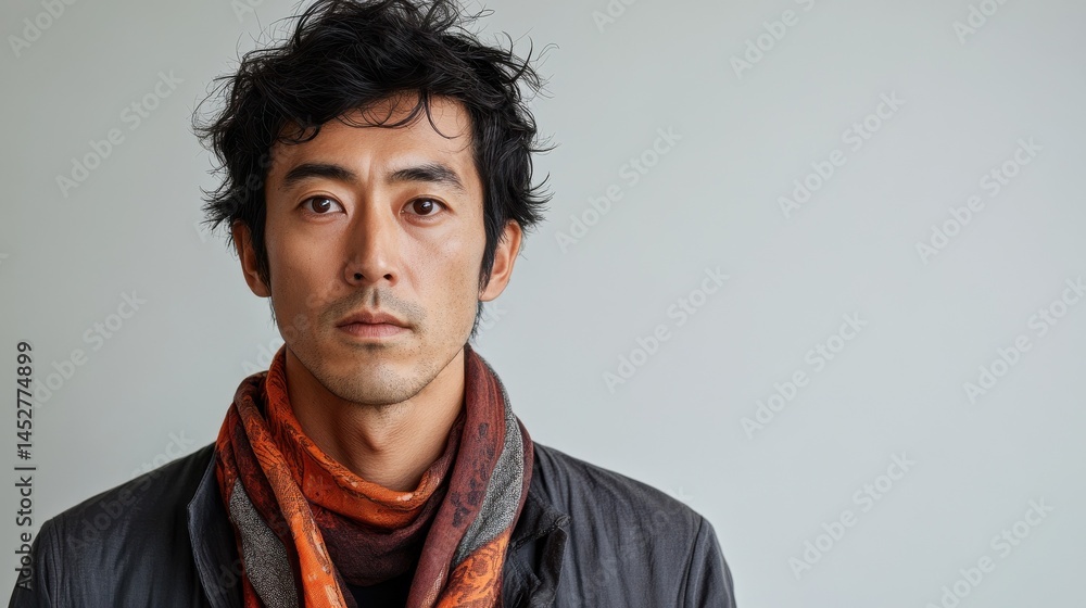 Obraz premium portrait of a Japanese man in his 30s wearing a foulard against a white background