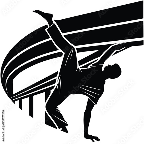 Capoeira Silhouette Vector Illustration: Dynamic Martial Arts Acrobatics, Brazilian Dance, Black and White Graphic Art Design