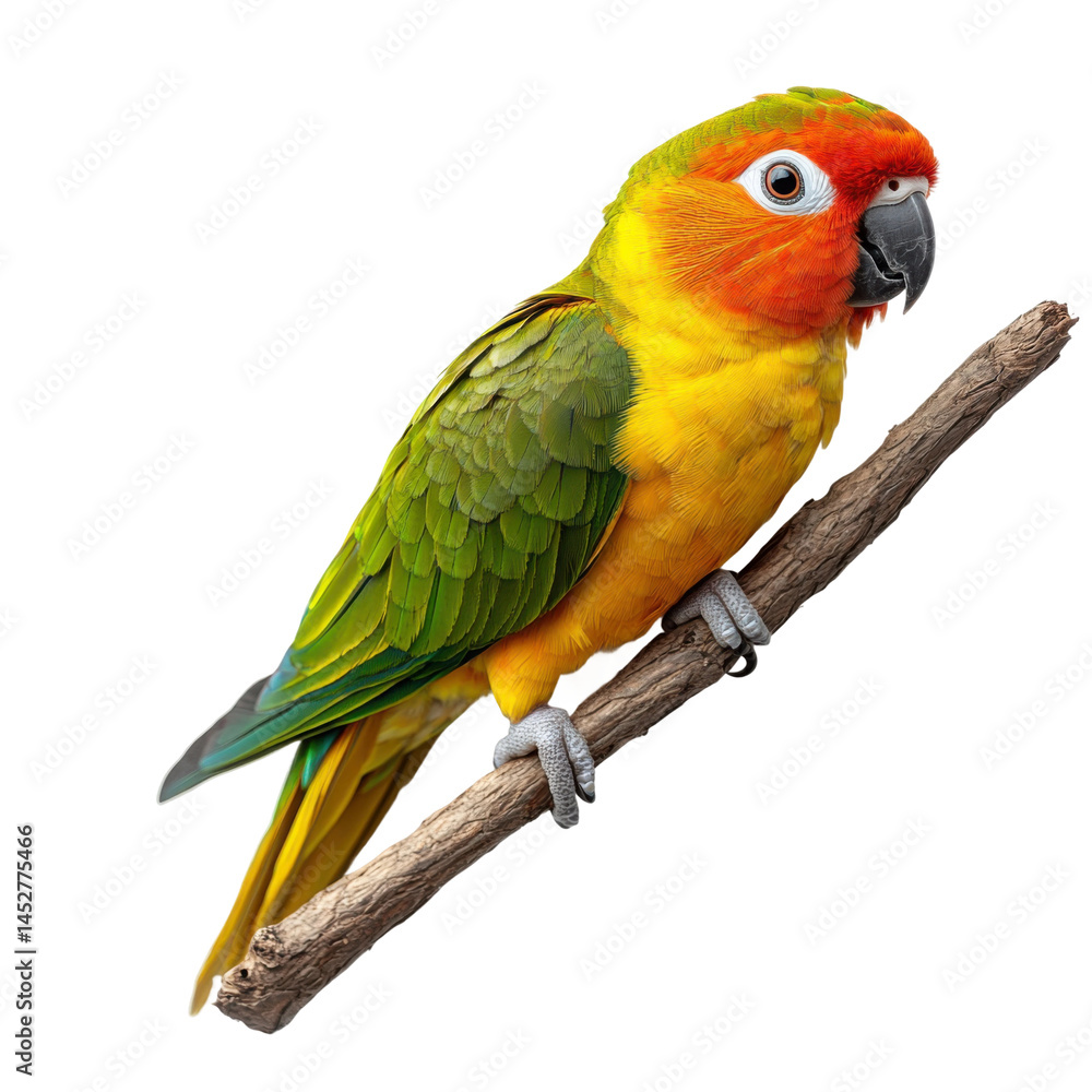 Obraz premium Colorful parrot perched on branch tropical forest wildlife photography. Isolated on transparent background, png.