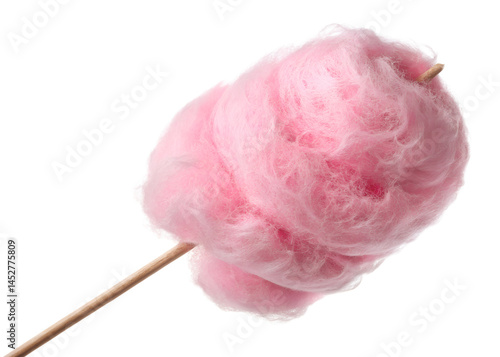 Fluffy pink cotton candy sweet confection on a stick isolated