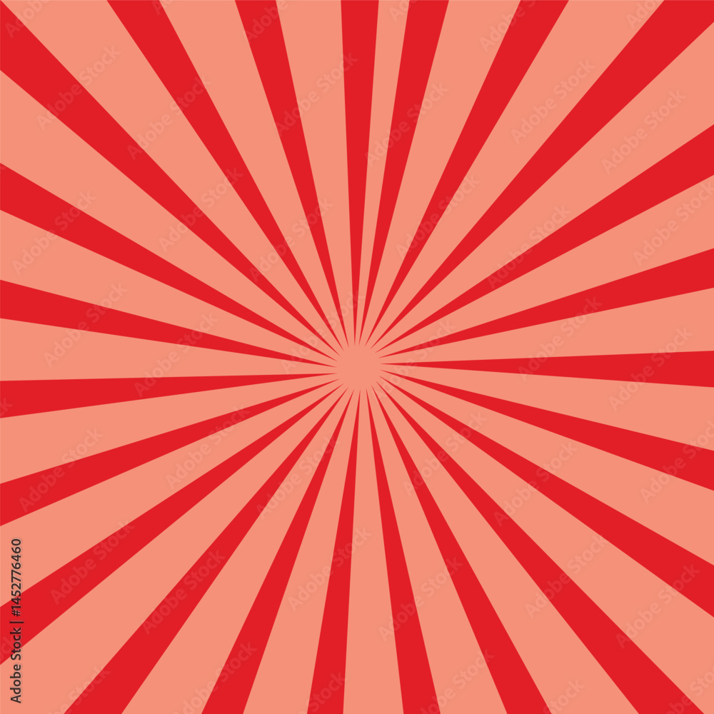 Fototapeta premium Pop art background for poster or book in red color. Radial rays backdrop with halftone effect in comics style design