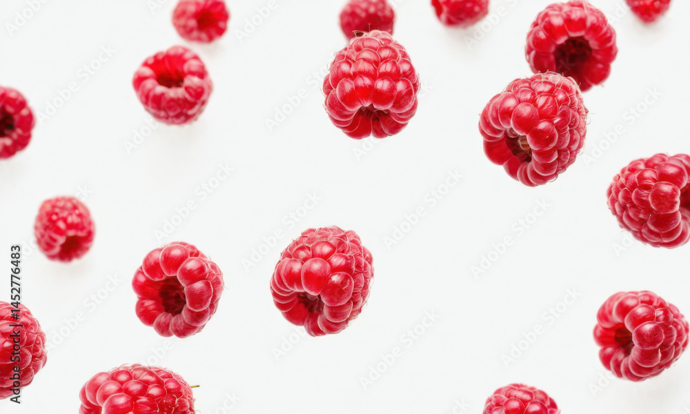 Fresh raspberries arranged on a white background