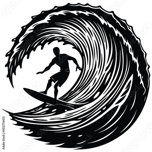 Surfing Wave Silhouette Vector: Black and White Illustration of Surfer Riding a Powerful Ocean Wave, Coastal Art, Water Sports Graphic