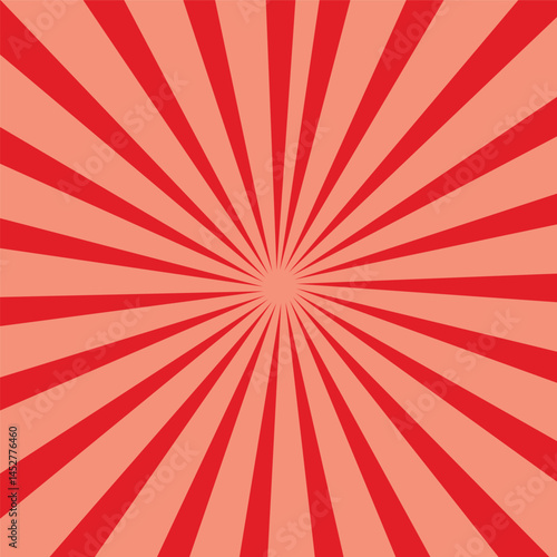 Pop art background for poster or book in red color. Radial rays backdrop with halftone effect in comics style design