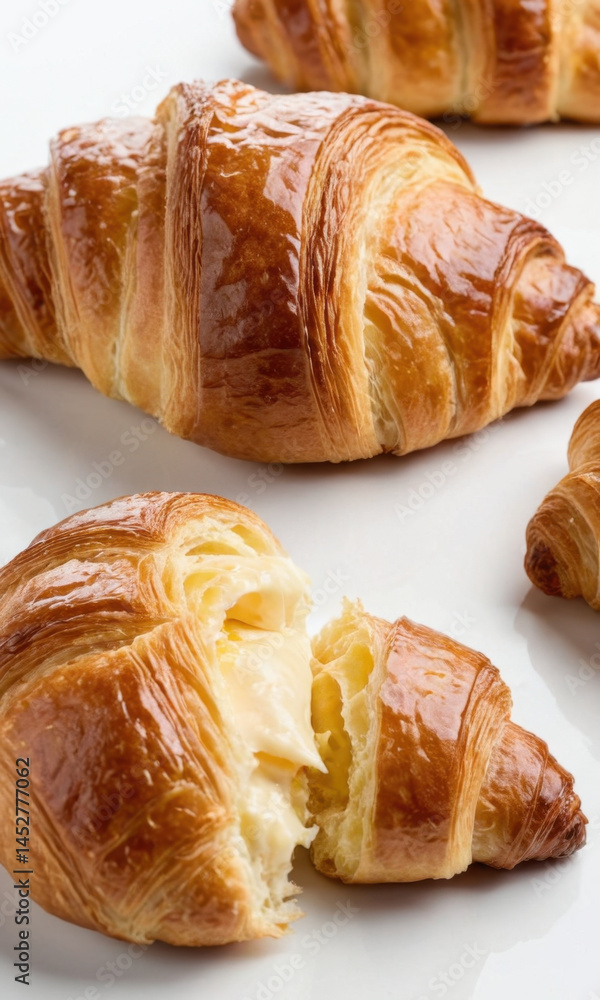 Freshly baked croissants arranged on a clean white plate, perfect for breakfast or snack