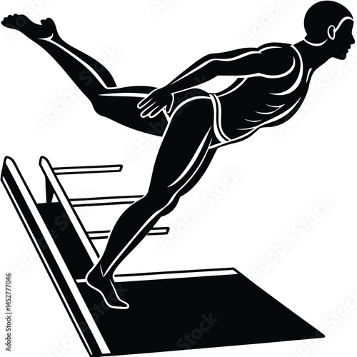Diver on Springboard Vector Illustration: Black and White Athlete Jumping, Diving Sport Graphic, Competitive Swimming Clip Art
