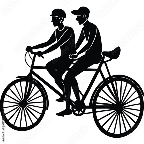 Silhouette of Two People Riding a Tandem Bicycle: Black and White Vector Illustration, Cycling, Recreation, Sport, Teamwork, Friendship