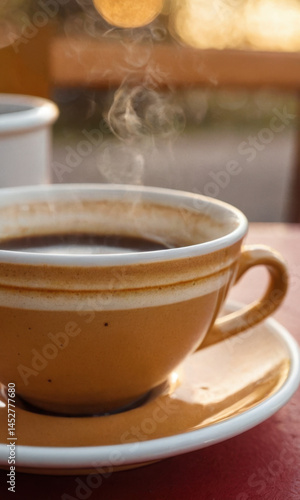 Obraz na płótnie A single serve of coffee sits on a saucer, ready to be enjoyed w salonie