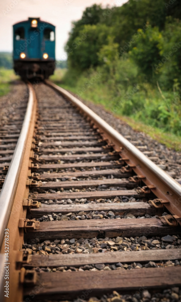 Obraz premium A train travels along the tracks near a dense forest, offering a scenic view of nature and industrial infrastructure coexisting