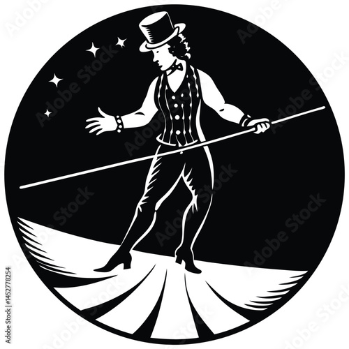Vintage Circus Performer Illustration: Retro Showman in Top Hat with Cane on Stage, Black and White Graphic Art