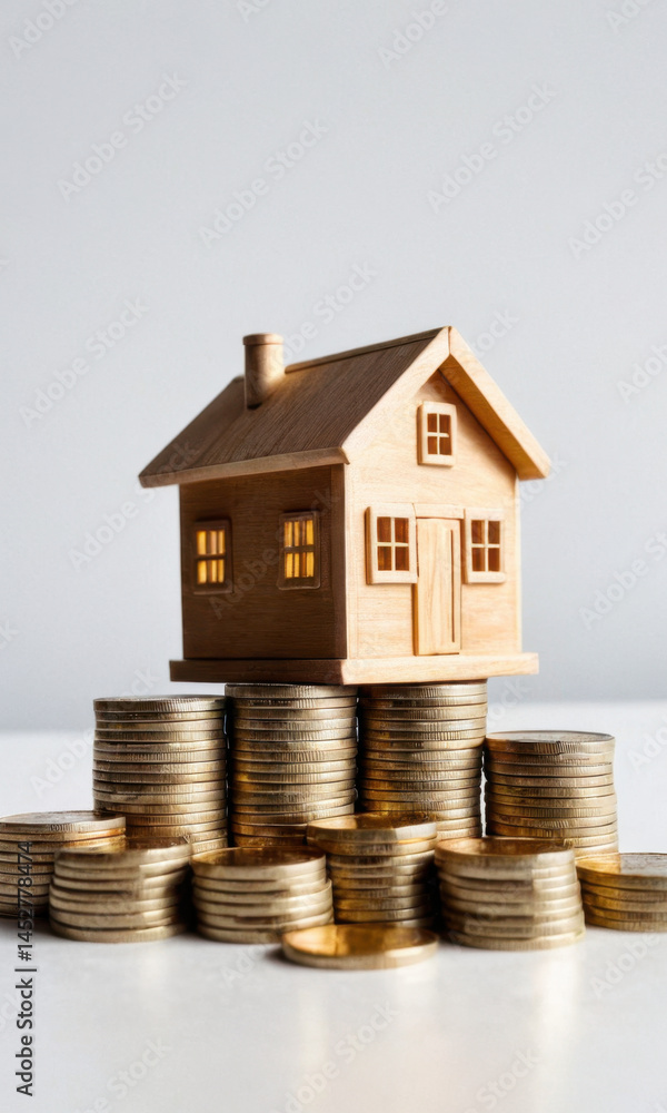 A small wooden house sits atop a pile of coins, perfect for use in illustrations about wealth, prosperity, and financial success