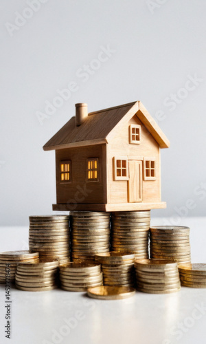 Obraz na płótnie A small wooden house sits atop a pile of coins, perfect for use in illustrations about wealth, prosperity, and financial success w salonie