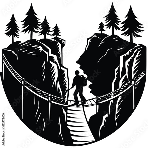 Hiker Crossing Suspension Bridge: Silhouette Illustration of Adventure, Mountain Landscape, Travel, and Outdoor Exploration Graphic Art