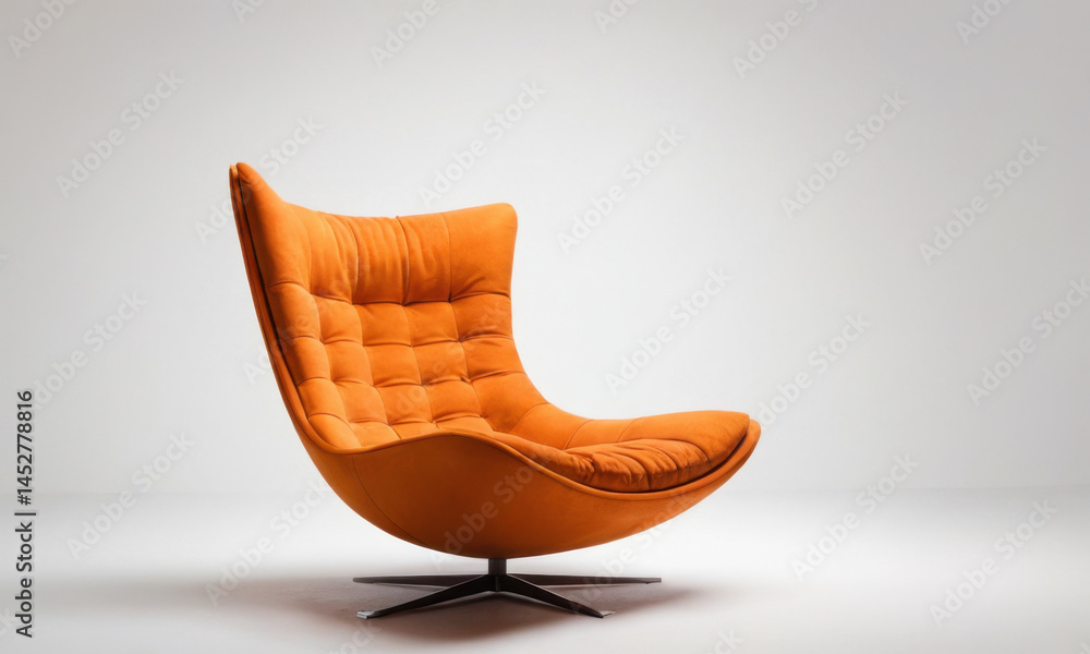 A single orange chair sits atop a white floor, ready for use