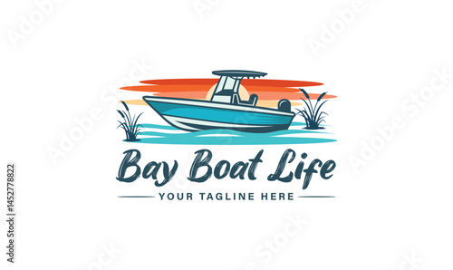 Center console bay boat with beautiful sunset. 