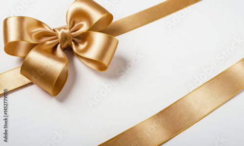 A golden ribbon with a bow tied neatly on a white background