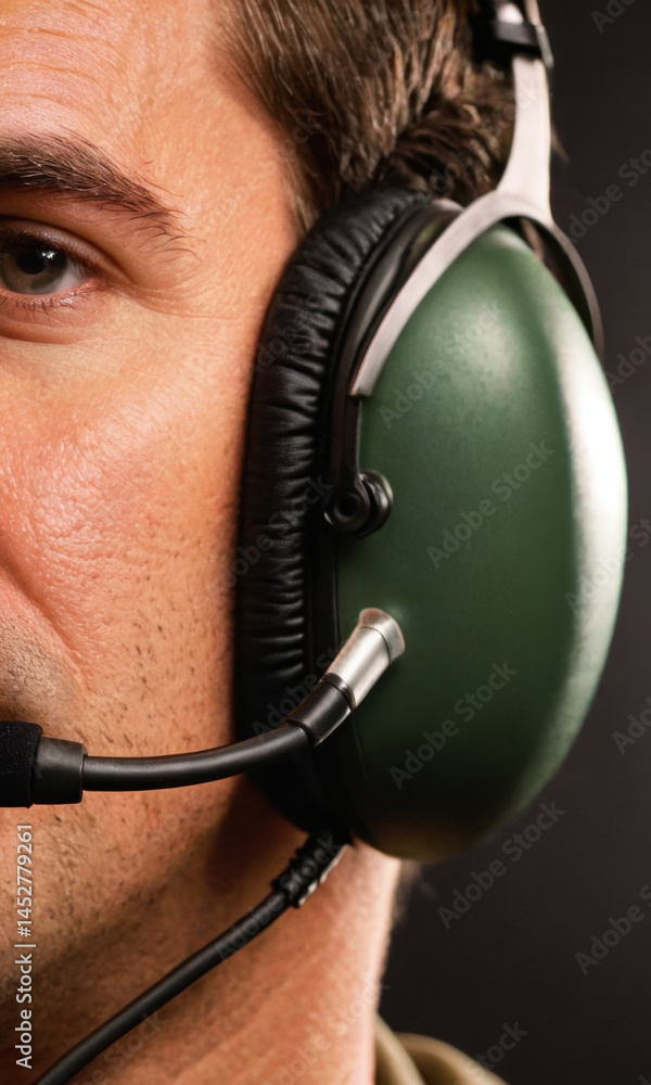 A close-up shot of someone wearing a headset