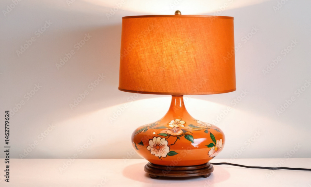 A table lamp with an orange shade on it