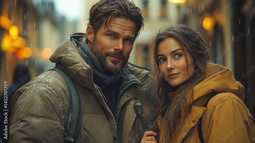 Fototapeta premium Couple in winter coats standing on a street with blurred buildings behind them.