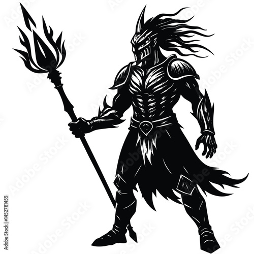 Dark Fantasy Warrior Illustration: Black and White Silhouette of Armored Figure with Flaming Staff - Epic Character Art