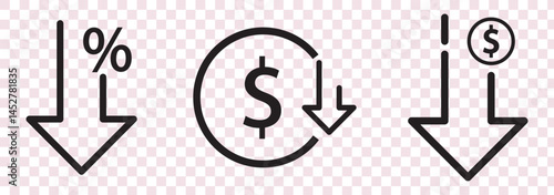 Cost reduction icon price lower arrow. Vector low cost money crisis line icon.