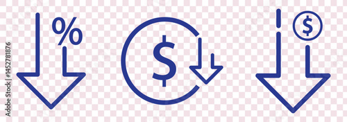 Cost reduction icon price lower arrow. Vector low cost money crisis line icon.