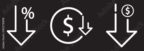 Cost reduction icon price lower arrow. Vector low cost money crisis line icon.