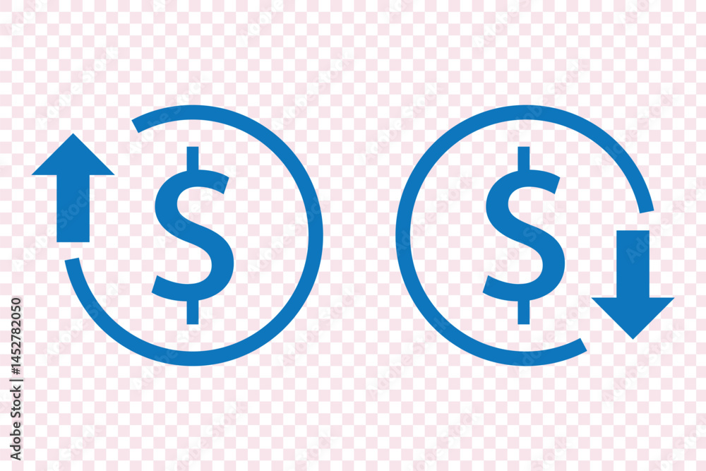 Obraz premium set of cost symbol dollar increase and decrease icon, money, dollar sign with arrow up and down rounded black vector icon.