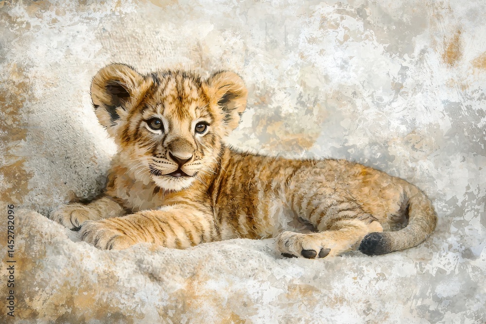 Fototapeta premium Cute Lion Cub Relaxing on Soft Background with Subtle Texture