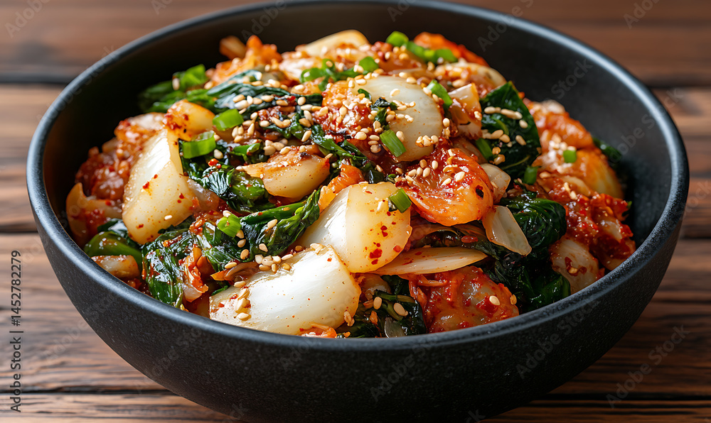 Savory kimchi and vegetable bowl with sesame seeds. Delicious combination of flavors and textures for a healthy and satisfying meal. Savory kimchi and vegetable bowl with sesame seeds. Delicious combination of flavors and textures for a healthy and satisfying meal.